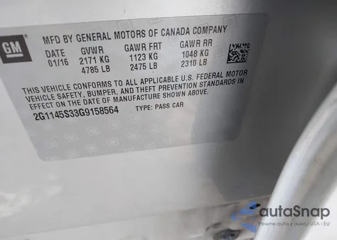 2016 Chevrolet Impala 2Lz z USA, uszkodzony, nr VIN 2G1145S33G9158564